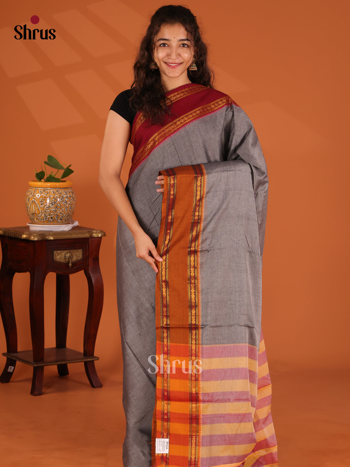 Grey with Mustard - Narayanpet Cotton Saree - Shop on Shrus.com
