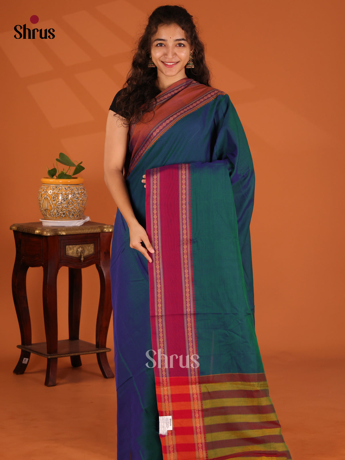 Peacock Blue with Maroon - Narayanpet Cotton Saree - Shop on Shrus.com