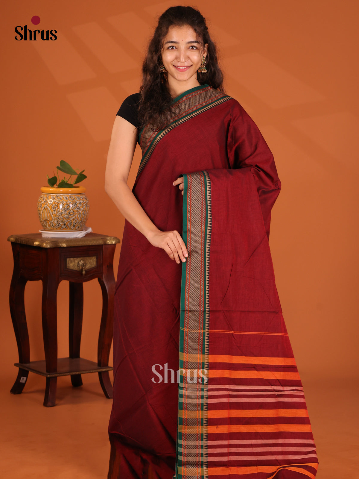 Maroon with Green - Narayanpet Cotton Saree - Shop on Shrus.com
