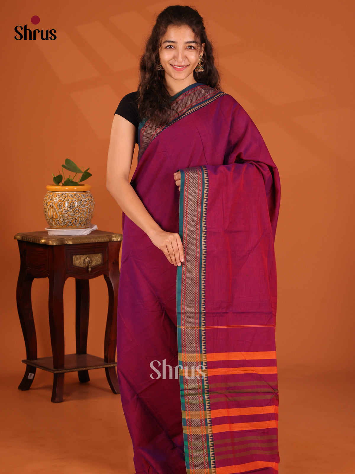 Purple with Green- Narayanpet Cotton Saree - Shop on Shrus.com