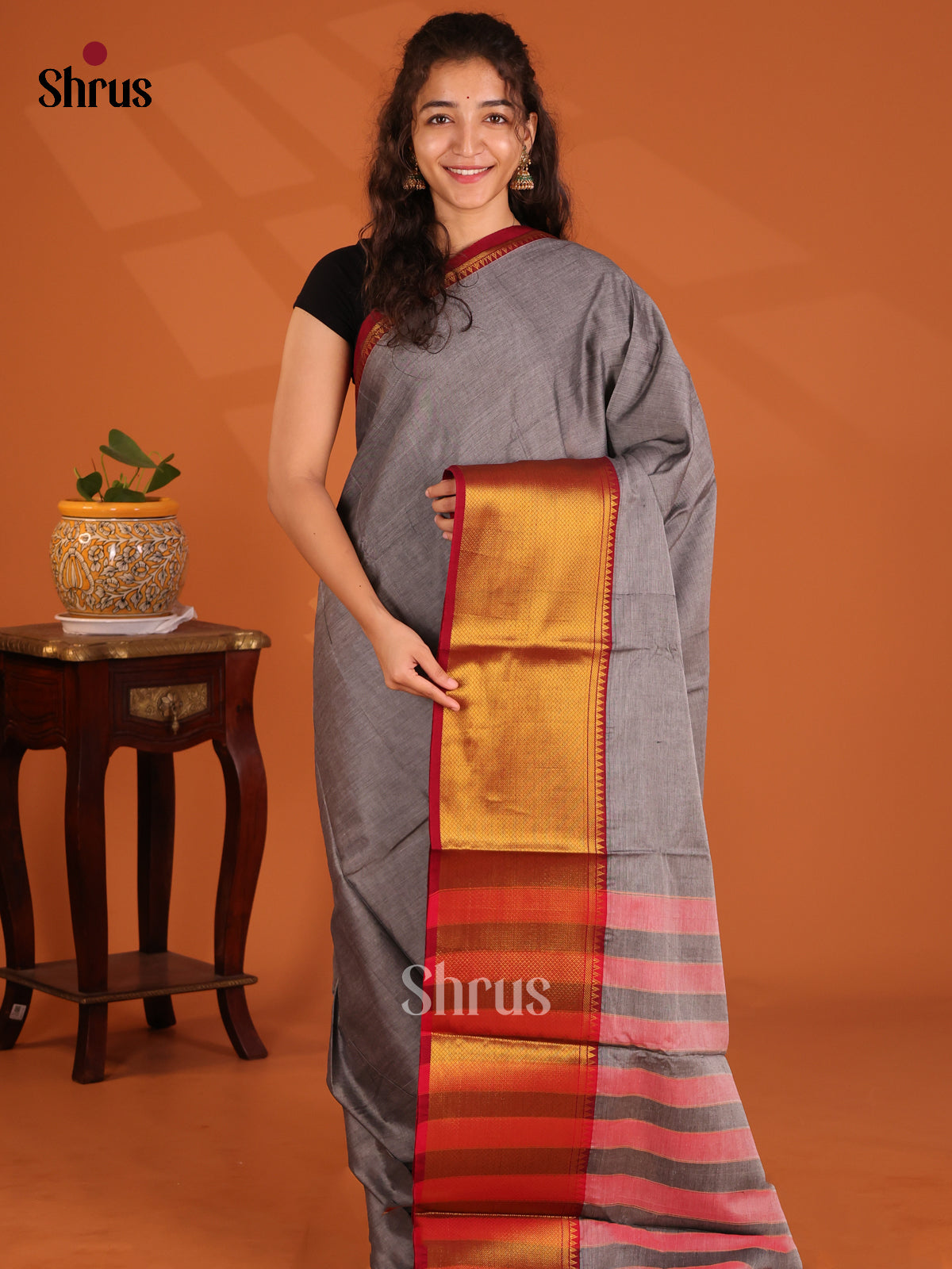 Grey with Maroon - Narayanpet Cotton Saree - Shop on Shrus.com