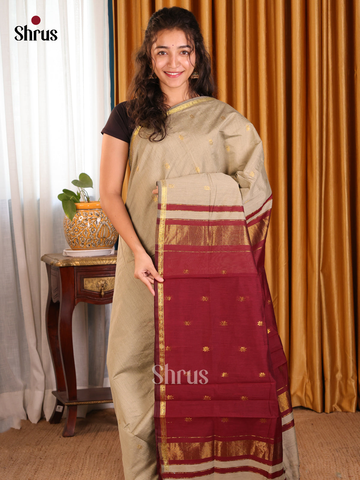 Grey & Maroon - Semi Maheshwari Saree - Shop on Shrus.com