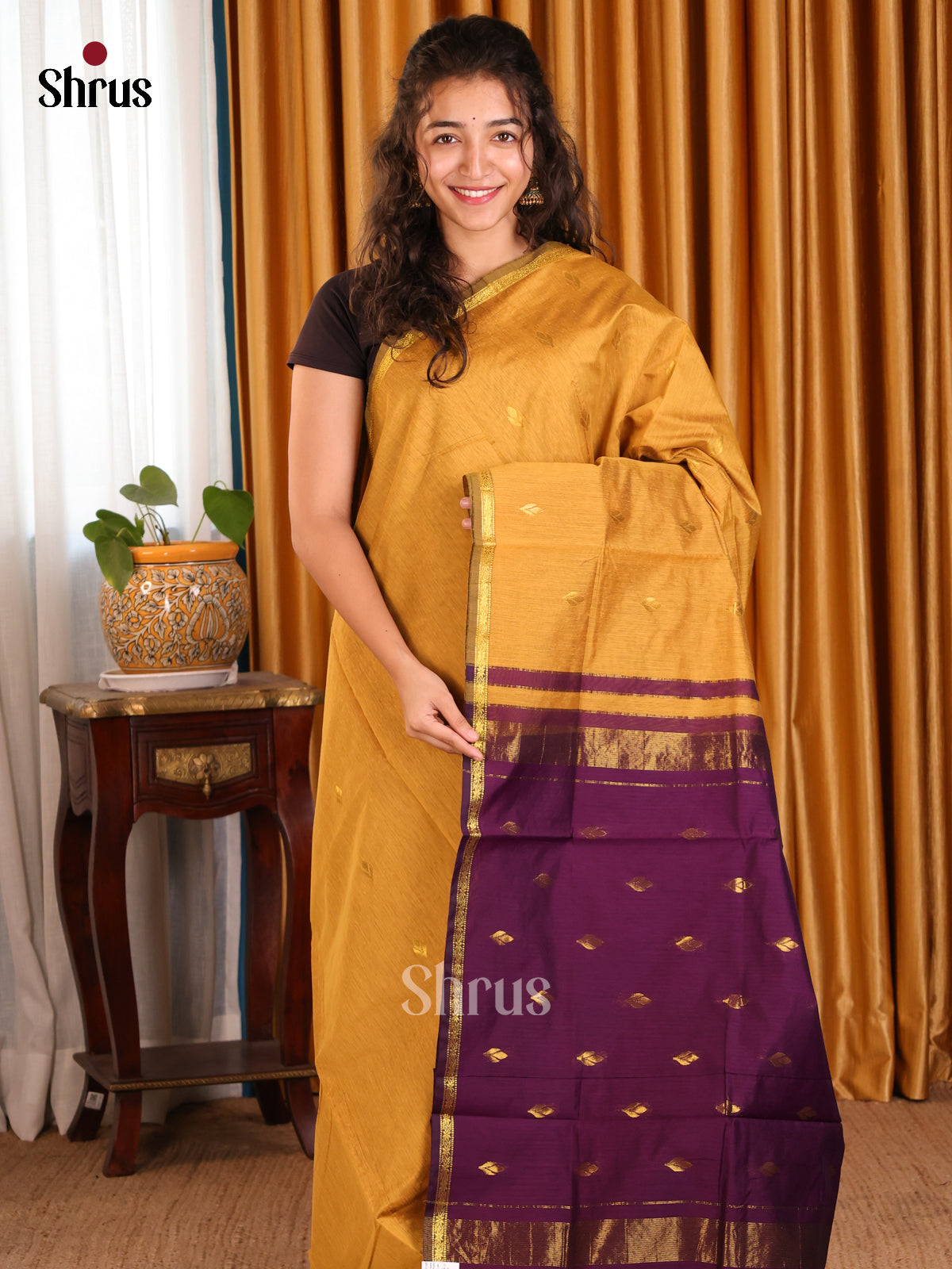 Mustard & Violet- Semi Maheshwari Saree - Shop on Shrus.com