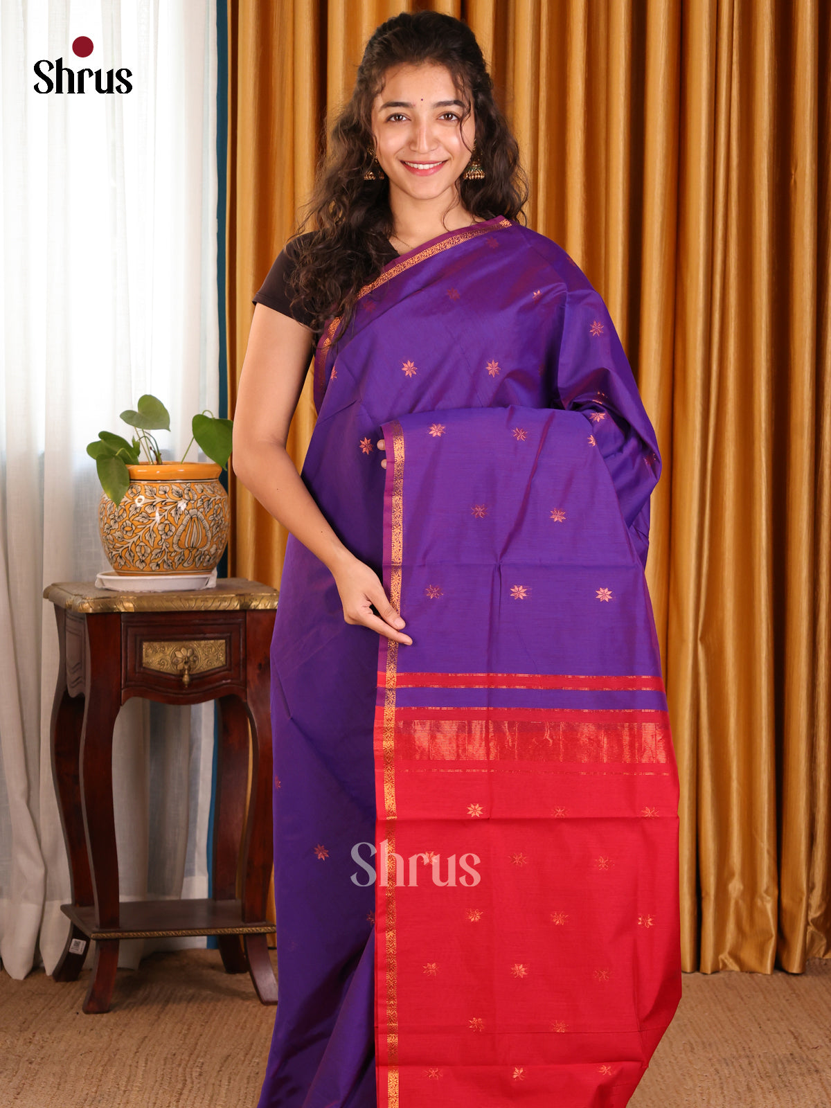 Violet with Red- Semi Maheshwari Saree - Shop on Shrus.com
