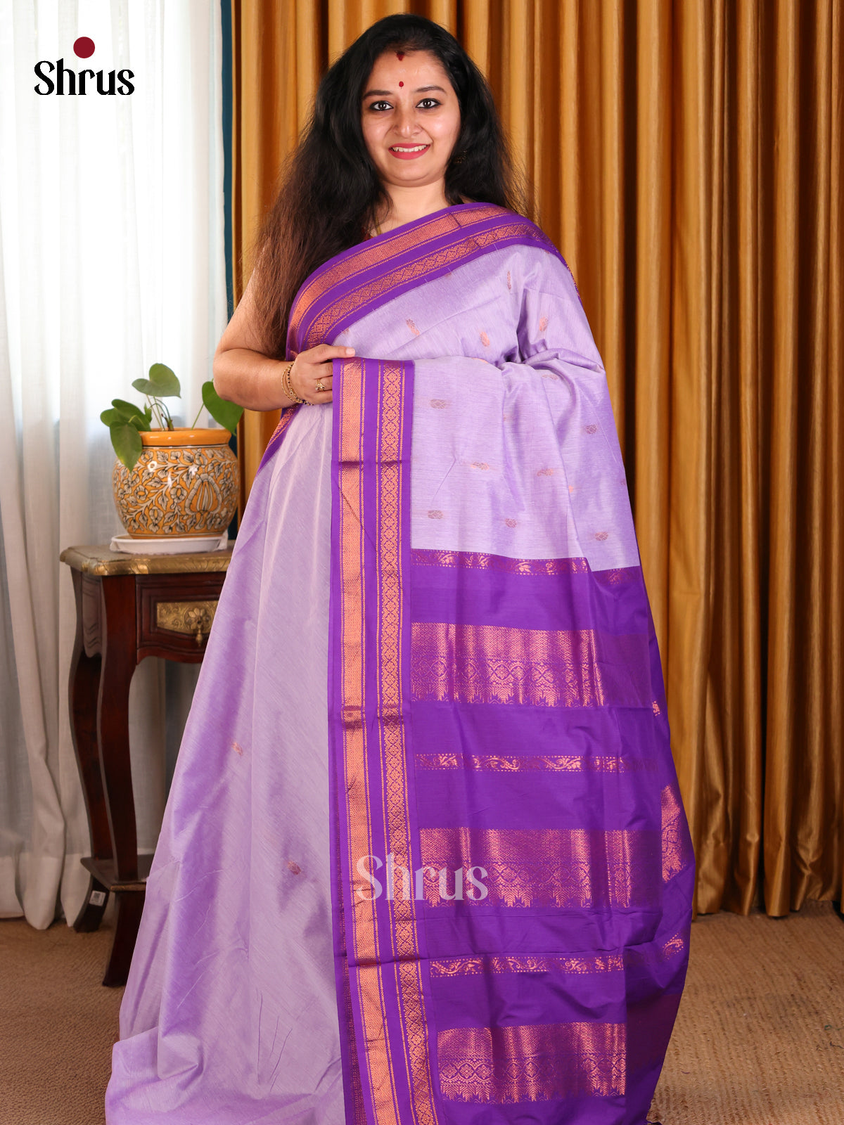 Lavender Kalyani Cotton Saree with Zari Buttas, Contrast Purple Pallu & Zari Border - Shop on Shrus.com