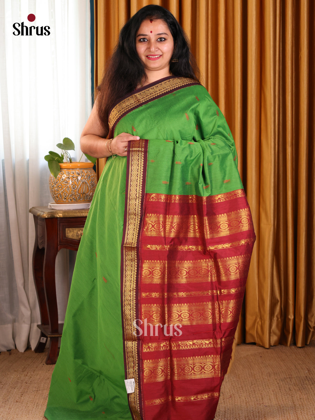 Green Kalyani Cotton Saree with Maroon Zari Pallu, Zari Border & Thread Buttas - Shop on Shrus.com