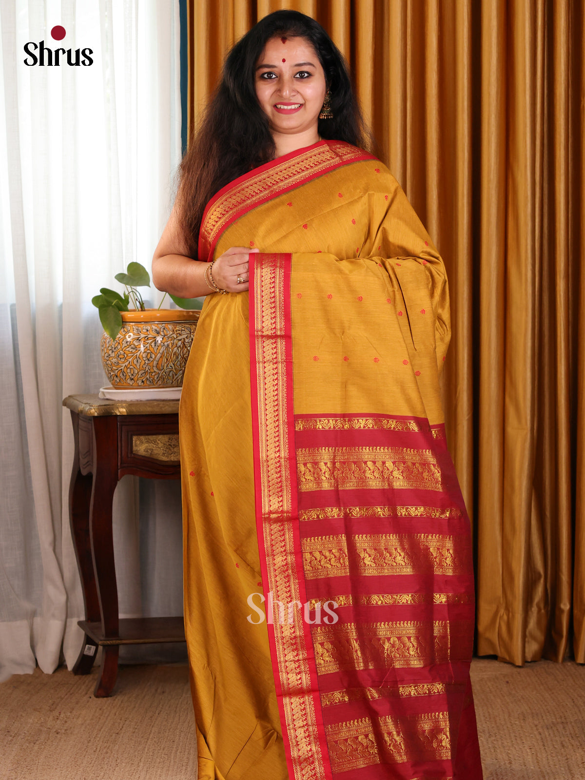 Bright Mustard Kalyani Cotton Saree with Red Zari Pallu & Elegant Zari Border - Shop on Shrus.com