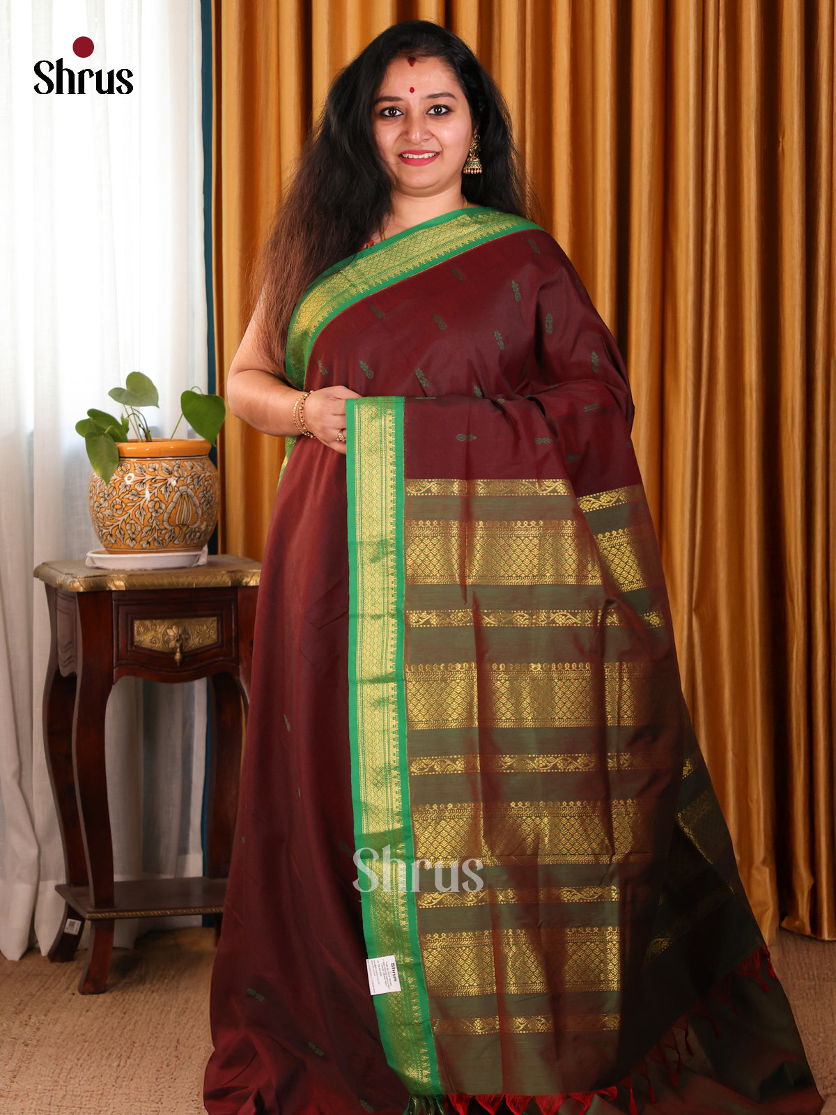 Classy Maroon Kalyani Cotton Saree with Green Zari Woven Pallu & Zari Border - Shop on Shrus.com