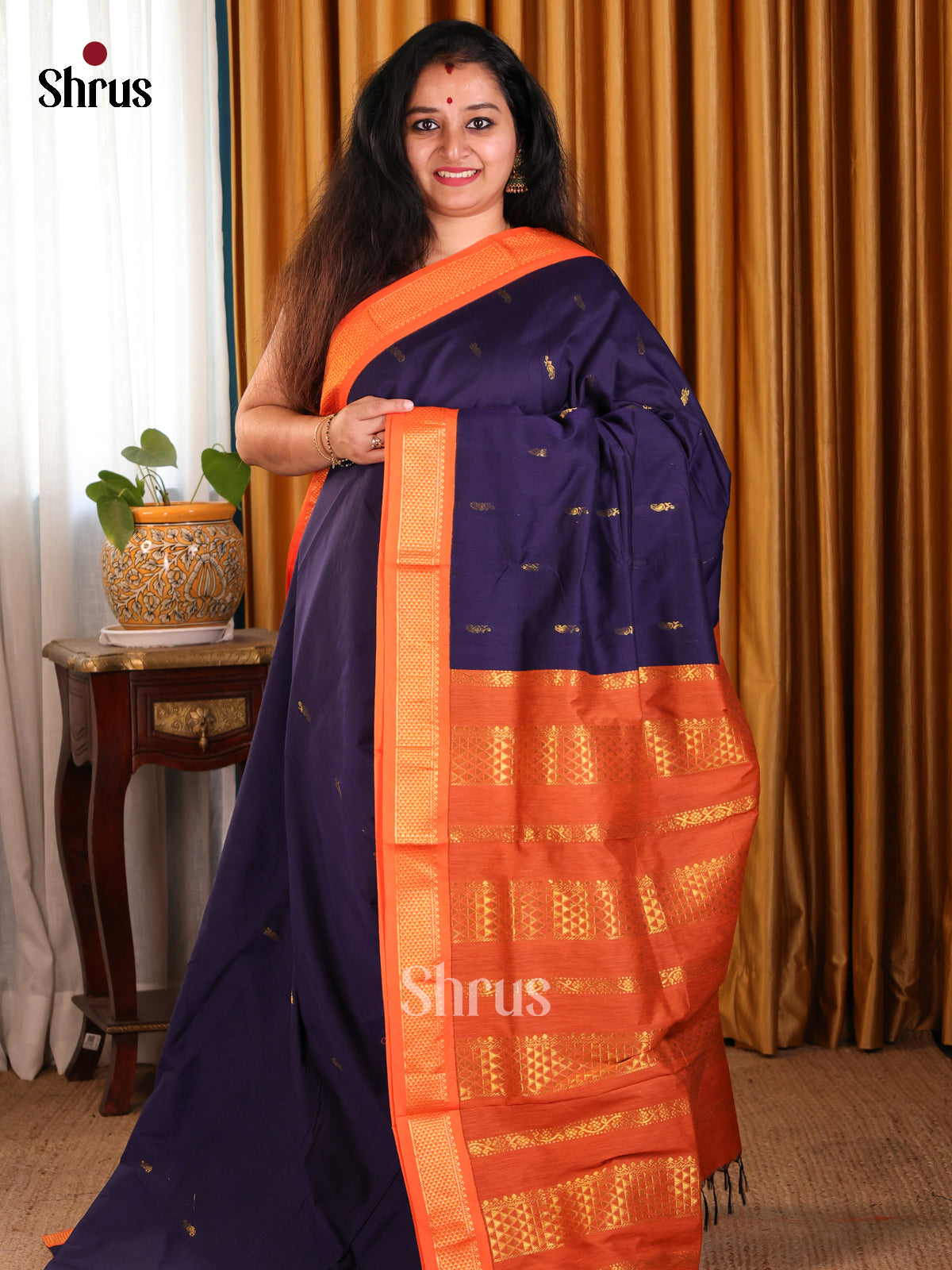 Blue with Orange - Kalyani Cotton Saree - Shop on Shrus.com