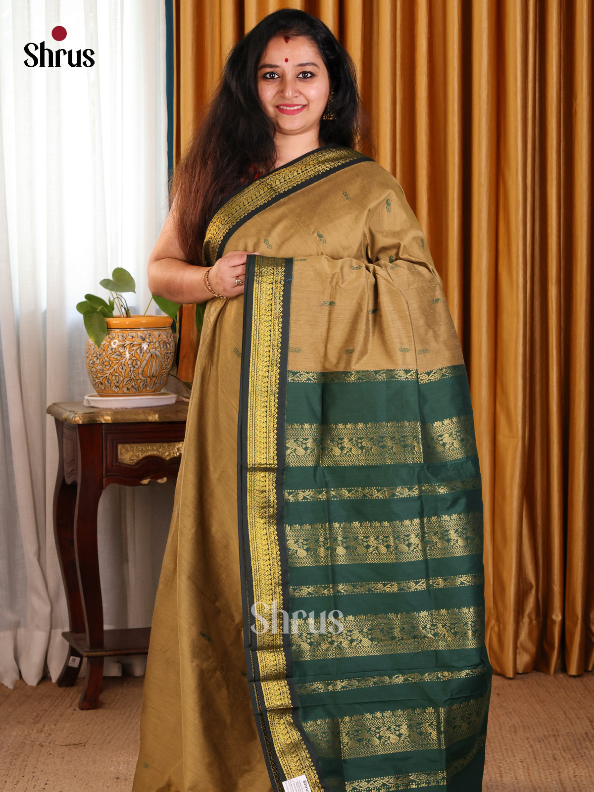 Elegant Gold Kalyani Cotton Saree with Contrast Green Zari Border & Thread Woven Buttas - Shop on Shrus.com