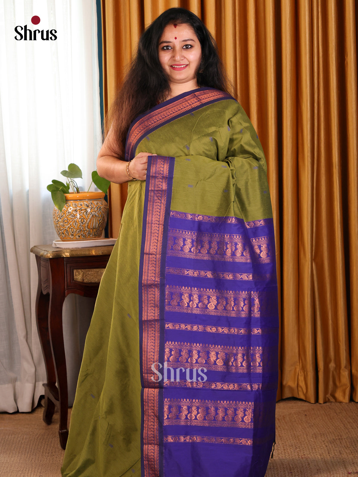 Pretty Green Kalyani Cotton Saree with Blue Zari Pallu & Elegant Zari Border - Shop on Shrus.com