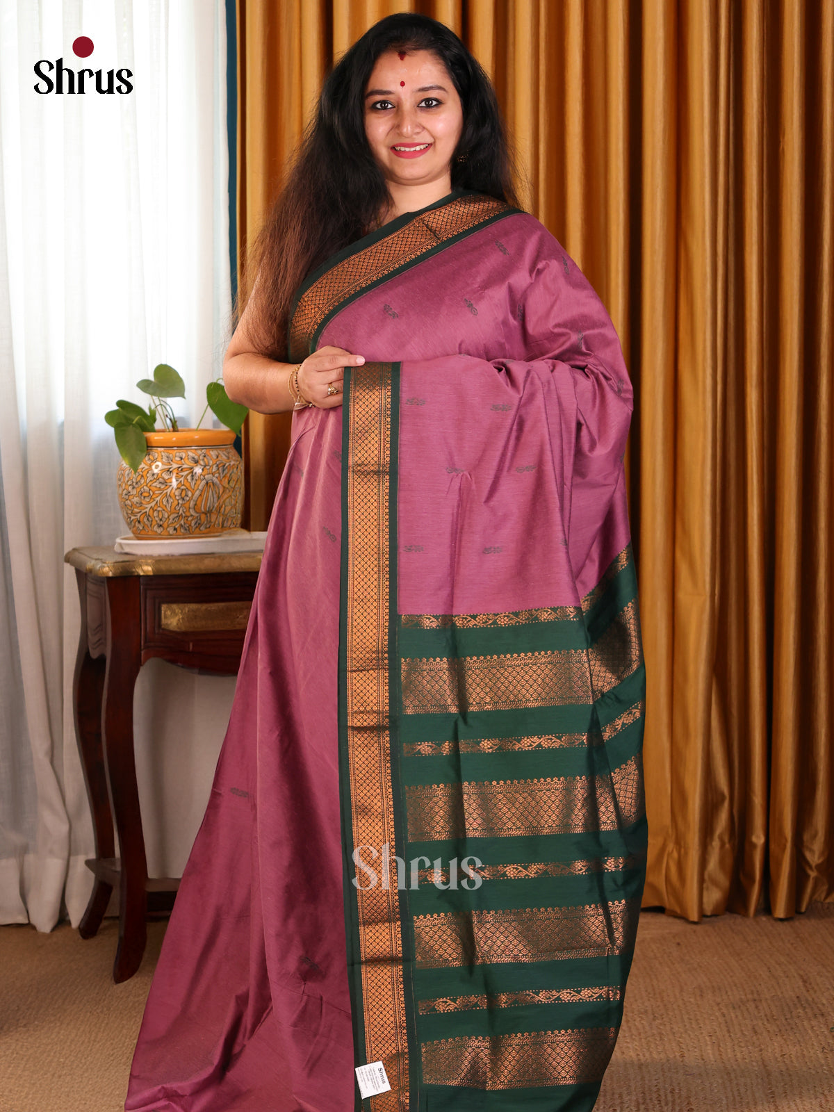 Elegant Pink Kalyani Cotton Saree with Green Zari Border & Pallu - Shop on Shrus.com