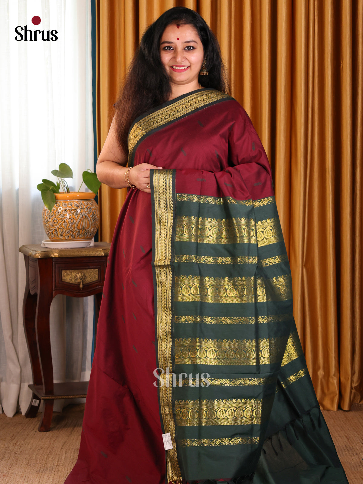 Classy Maroon Kalyani Cotton Saree with Zari Border & Contrast Green Pallu - Shop on Shrus.com