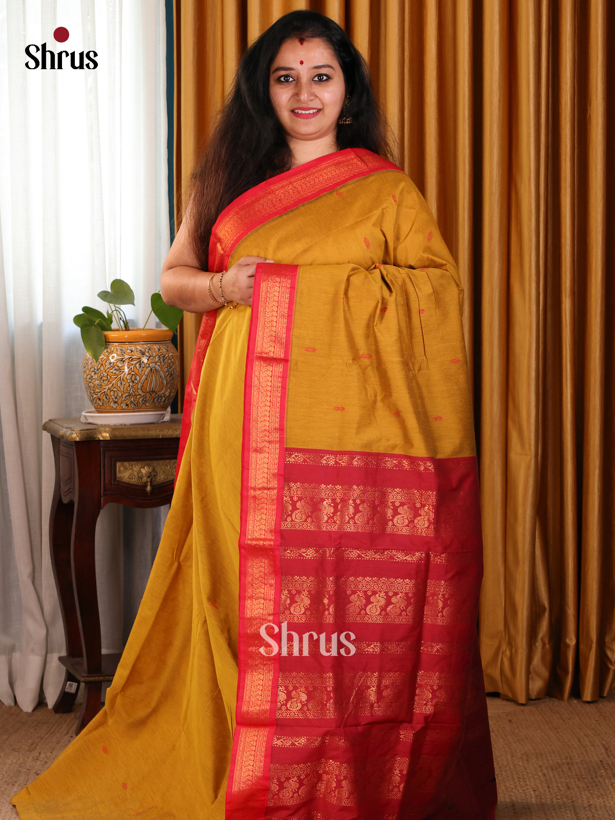 Pretty Mustard Kalyani Cotton Saree with Red Zari Pallu, Buttas & Zari Border - Shop on Shrus.com