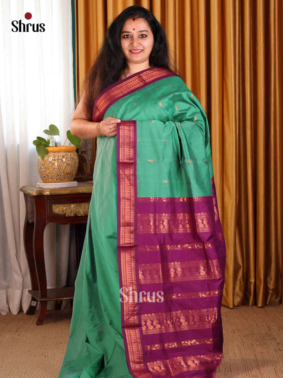 Elegant Green Kalyani Cotton Saree with Purple Zari Border & Contrast Zari Woven Pallu - Shop on Shrus.com