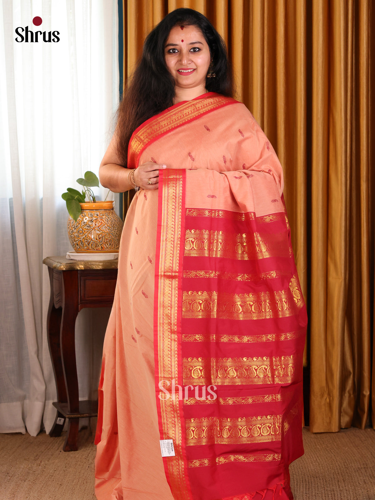 Elegant Peach Kalyani Cotton Saree with Red Zari Woven Pallu & Zari Border - Shop on Shrus.com