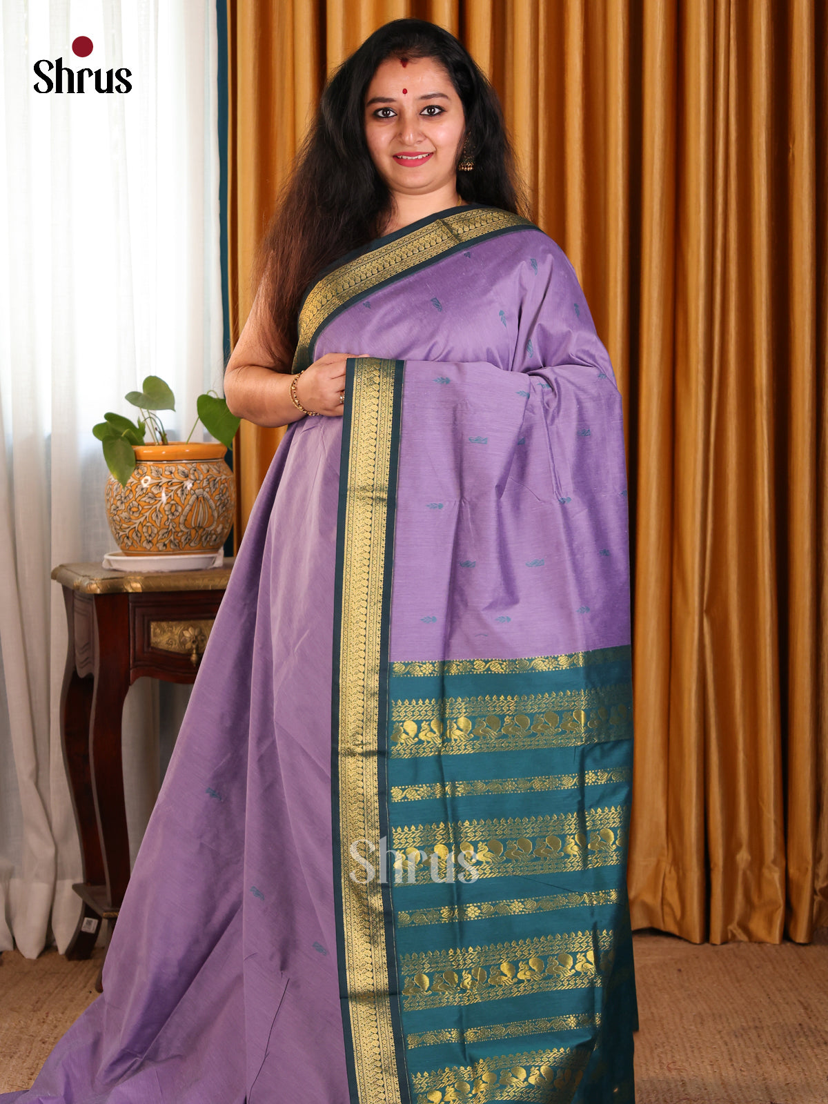 Pretty Lavender Kalyani Cotton Saree with Green Zari Pallu & Elegant Zari Border - Shop on Shrus.com