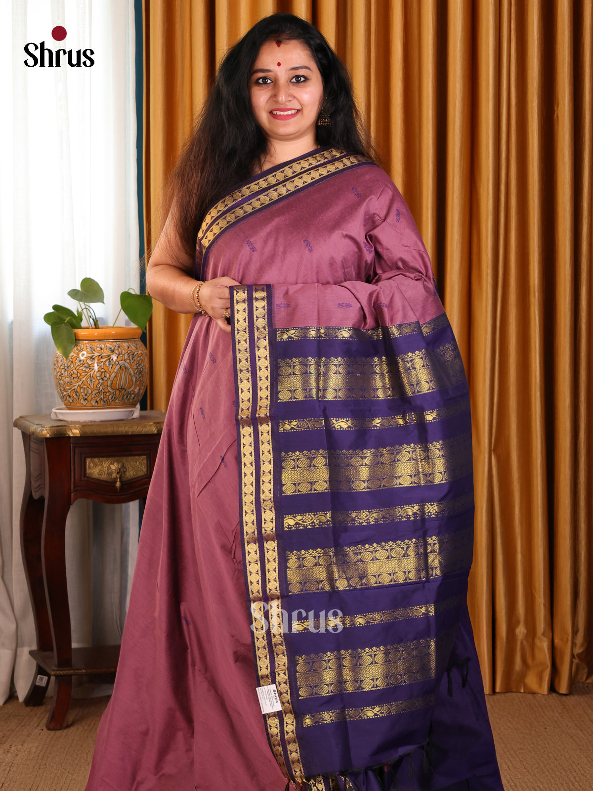 Elegant Onion Pink Kalyani Cotton Saree with Violet Zari Border & Thread Woven Buttas - Shop on Shrus.com