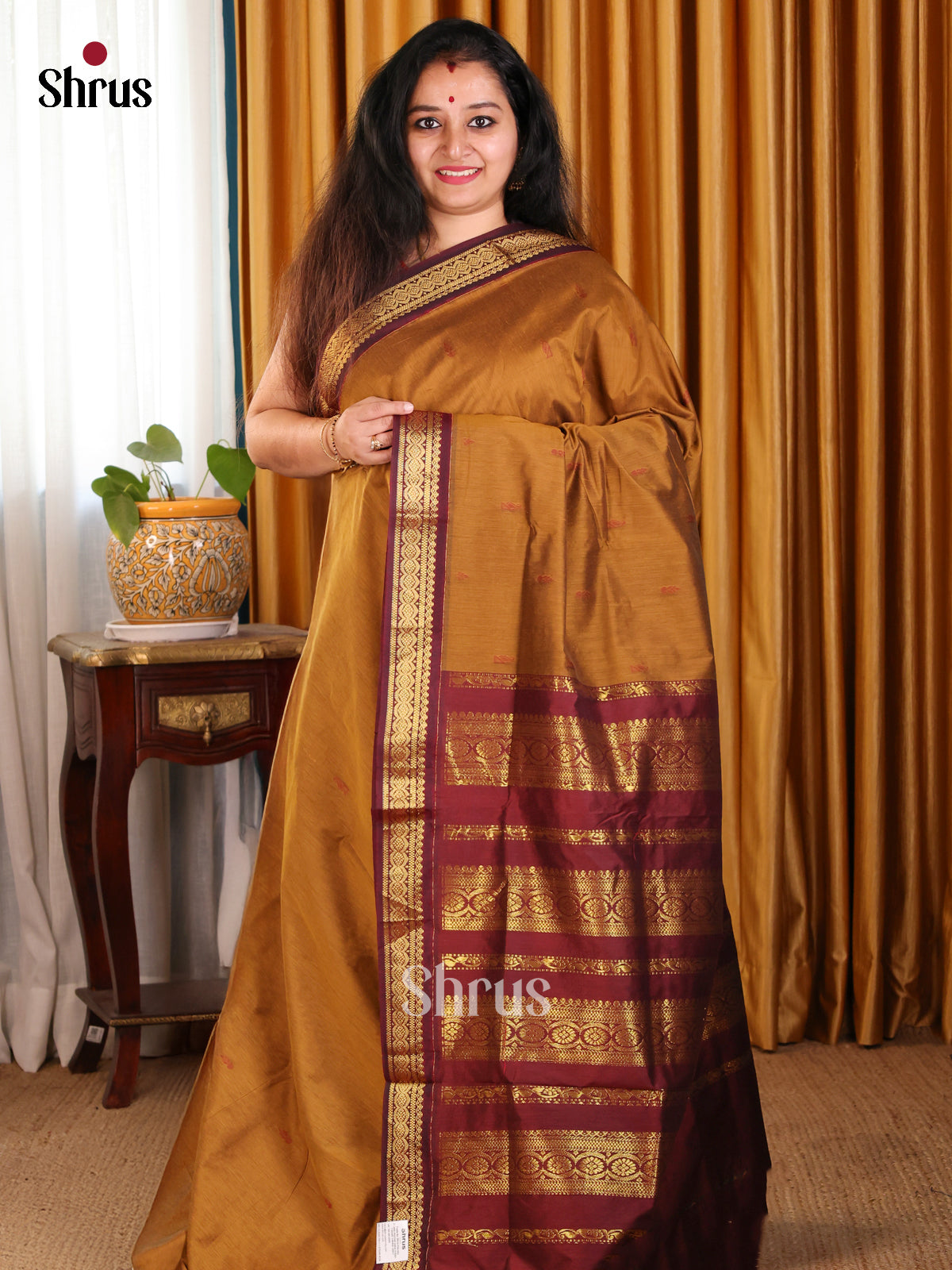 Elegant Mustard Kalyani Cotton Saree with Maroon Zari Border & Contrast Zari Pallu - Shop on Shrus.com
