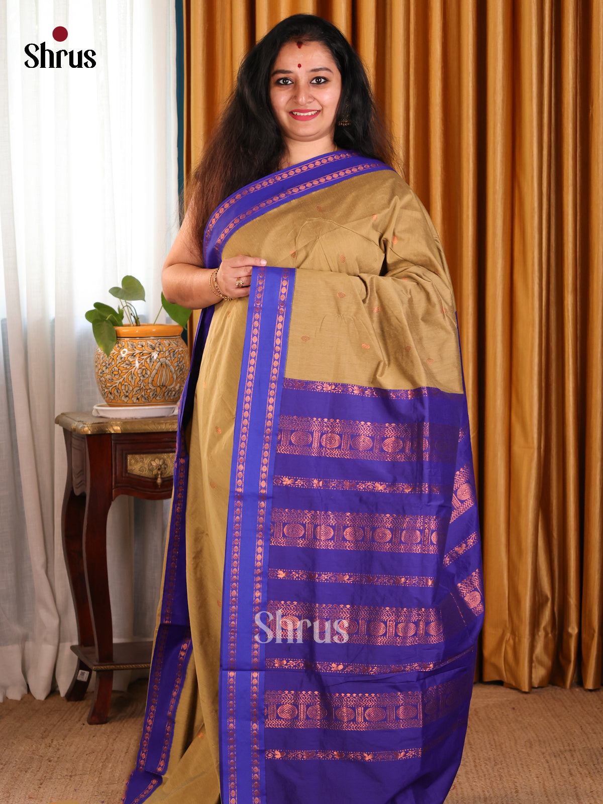 Pretty Beige Kalyani Cotton Saree with Blue Zari Pallu & Rettaipet Zari Border - Shop on Shrus.com