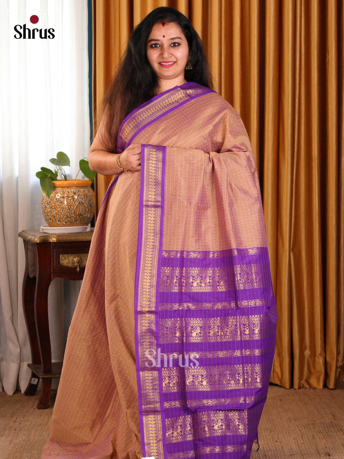 Elegant Brown Kalyani Cotton Saree with Purple Zari Pallu & Matching Zari Border - Shop on Shrus.com