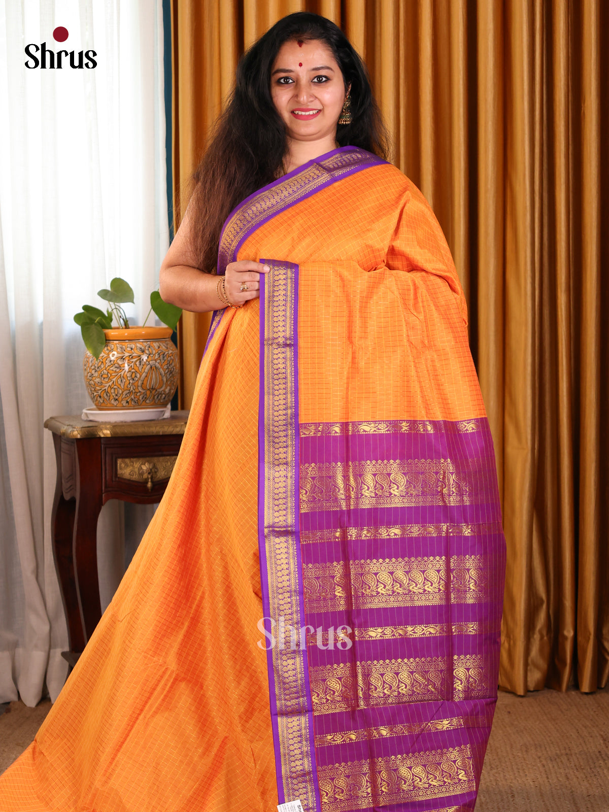 Pretty Orange Kalyani Cotton Saree with Purple Zari Border & Pallu - Shop on Shrus.com