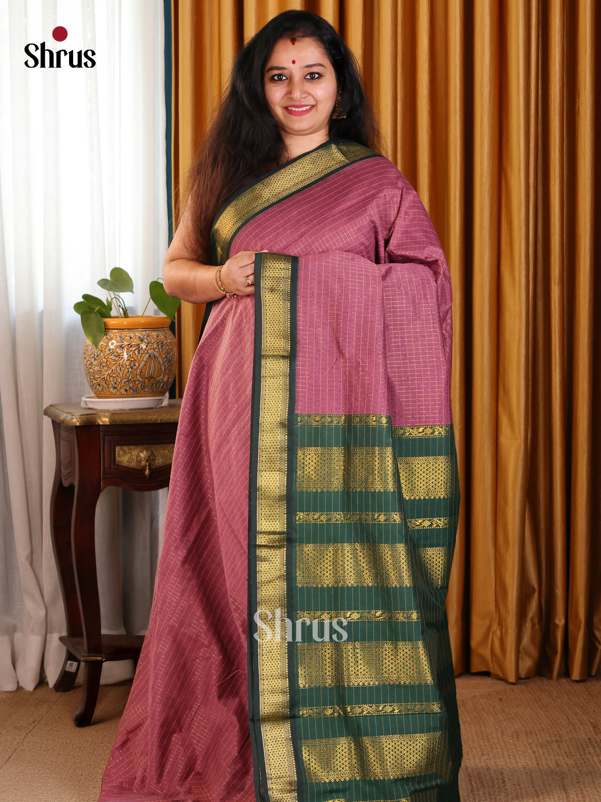 Onion Pink with Green - Kalyani Cotton Saree - Shop on Shrus.com