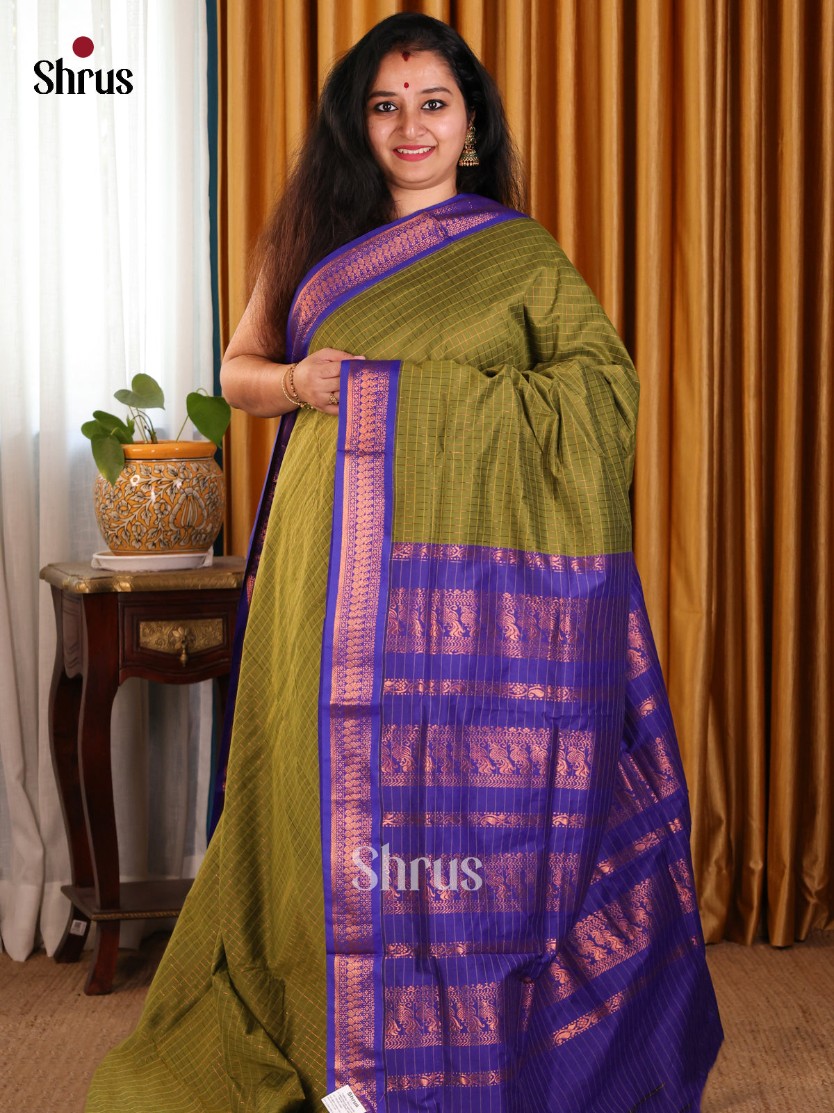 Kalyani Cotton Saree - Gold Zari : Blue x Orange x Bright Orange main image 1