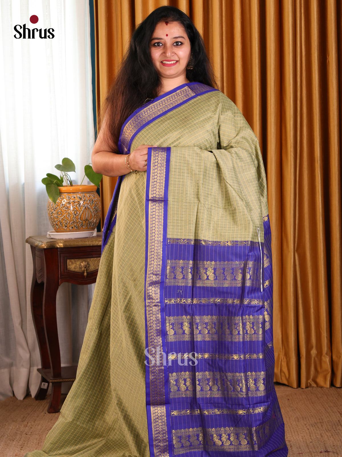 Elegant Mint Green Kalyani Cotton Saree with Blue Zari Border & Contrast Zari Pallu - Shop on Shrus.com