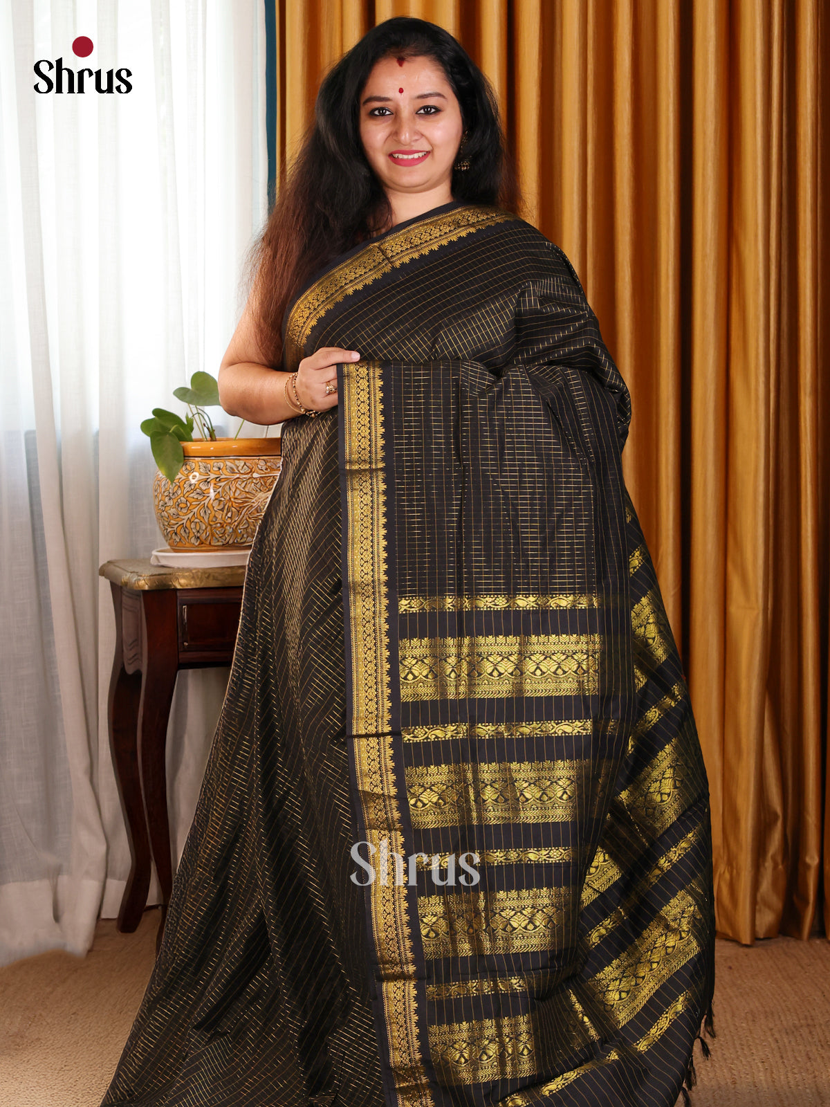 Beautiful Black Kalyani Cotton Saree with Self Zari Pallu & Elegant Zari Border - Shop on Shrus.com
