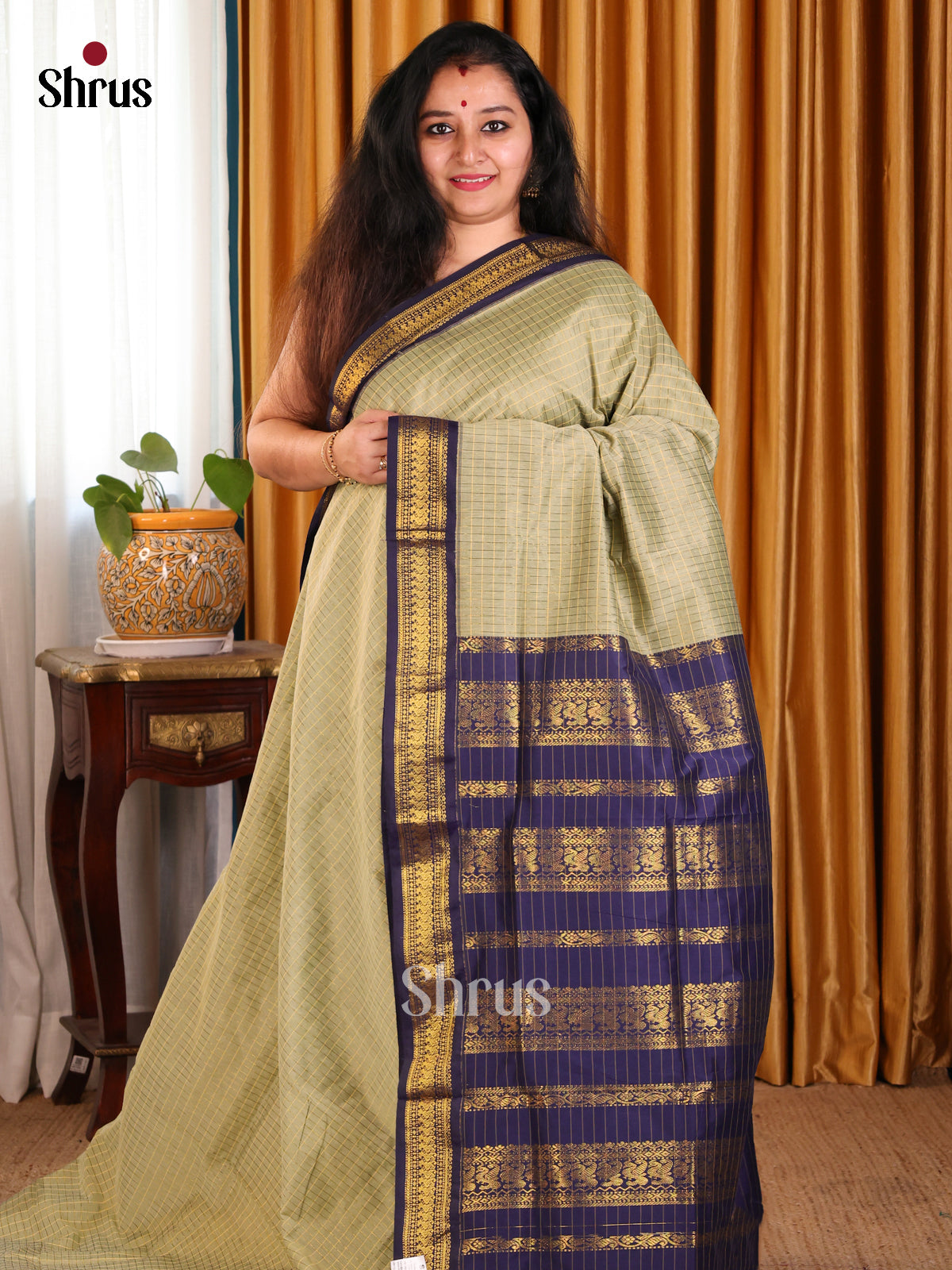 Mint Green Kalyani Cotton Saree with Blue Zari Pallu, Zari Checks & Contrast Border - Shop on Shrus.com