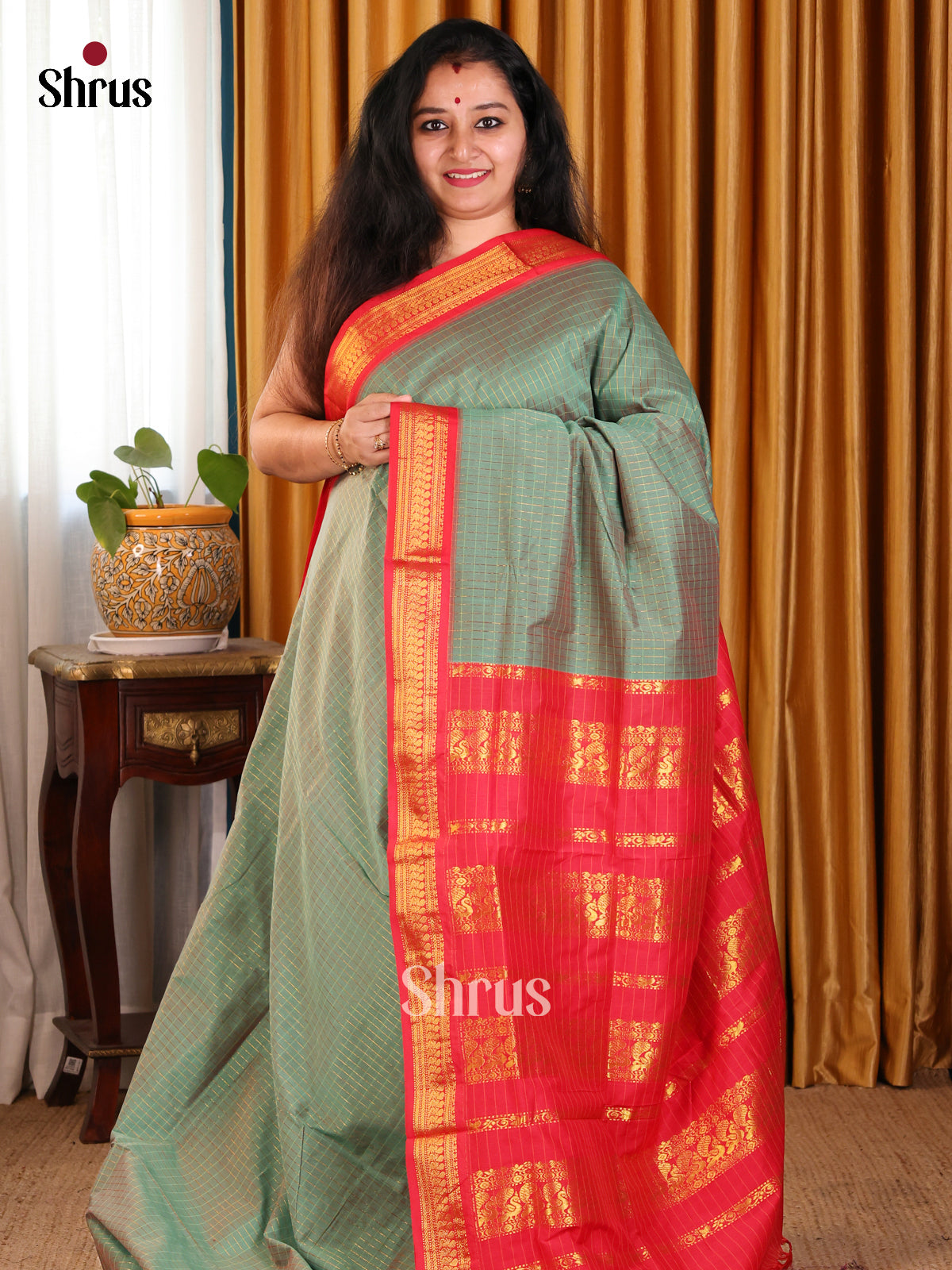 Elegant Double Shaded Green Kalyani Cotton Saree with Red Zari Border & Woven Pallu - Shop on Shrus.com