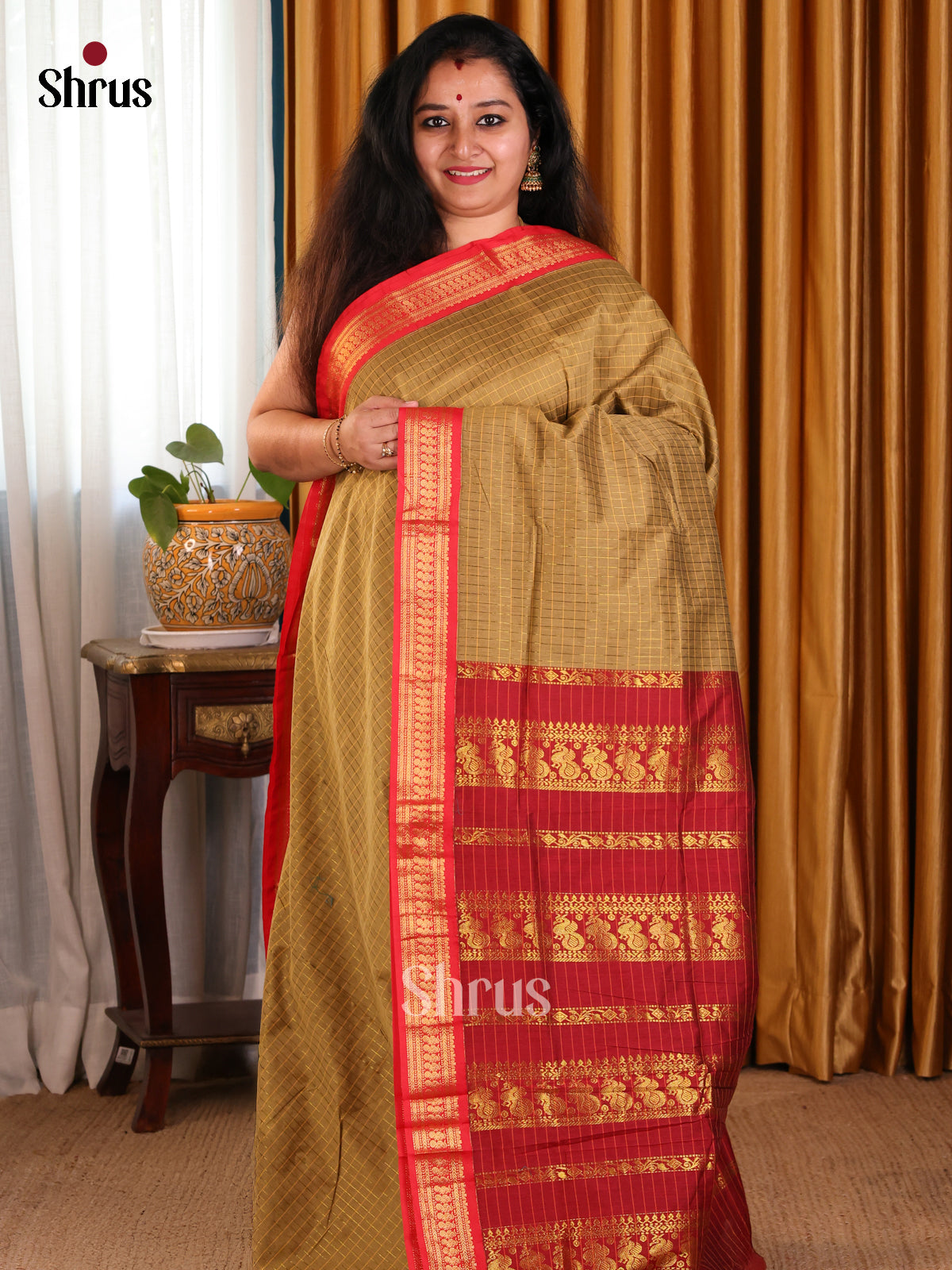 Chic Chutney Green Kalyani Cotton Saree with Red Zari - Shop on Shrus.com