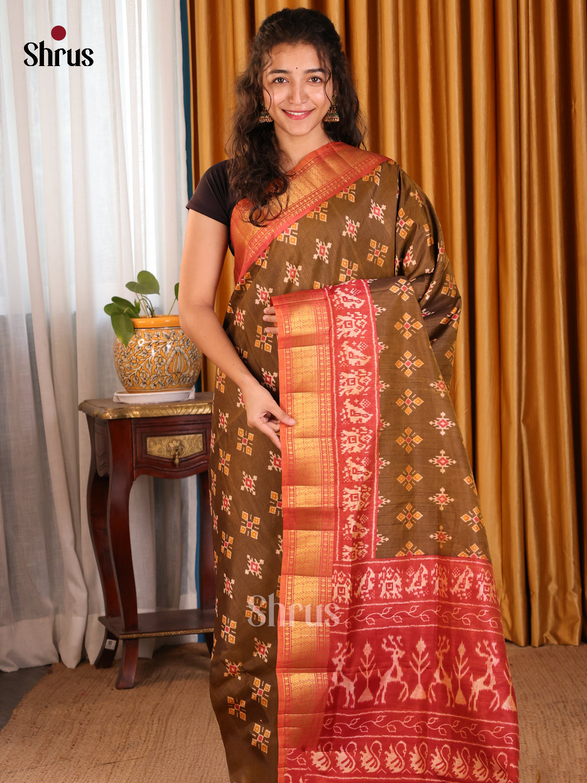 Chutney Green with Orangish Pink - Semi Patola Saree - Shop on Shrus.com