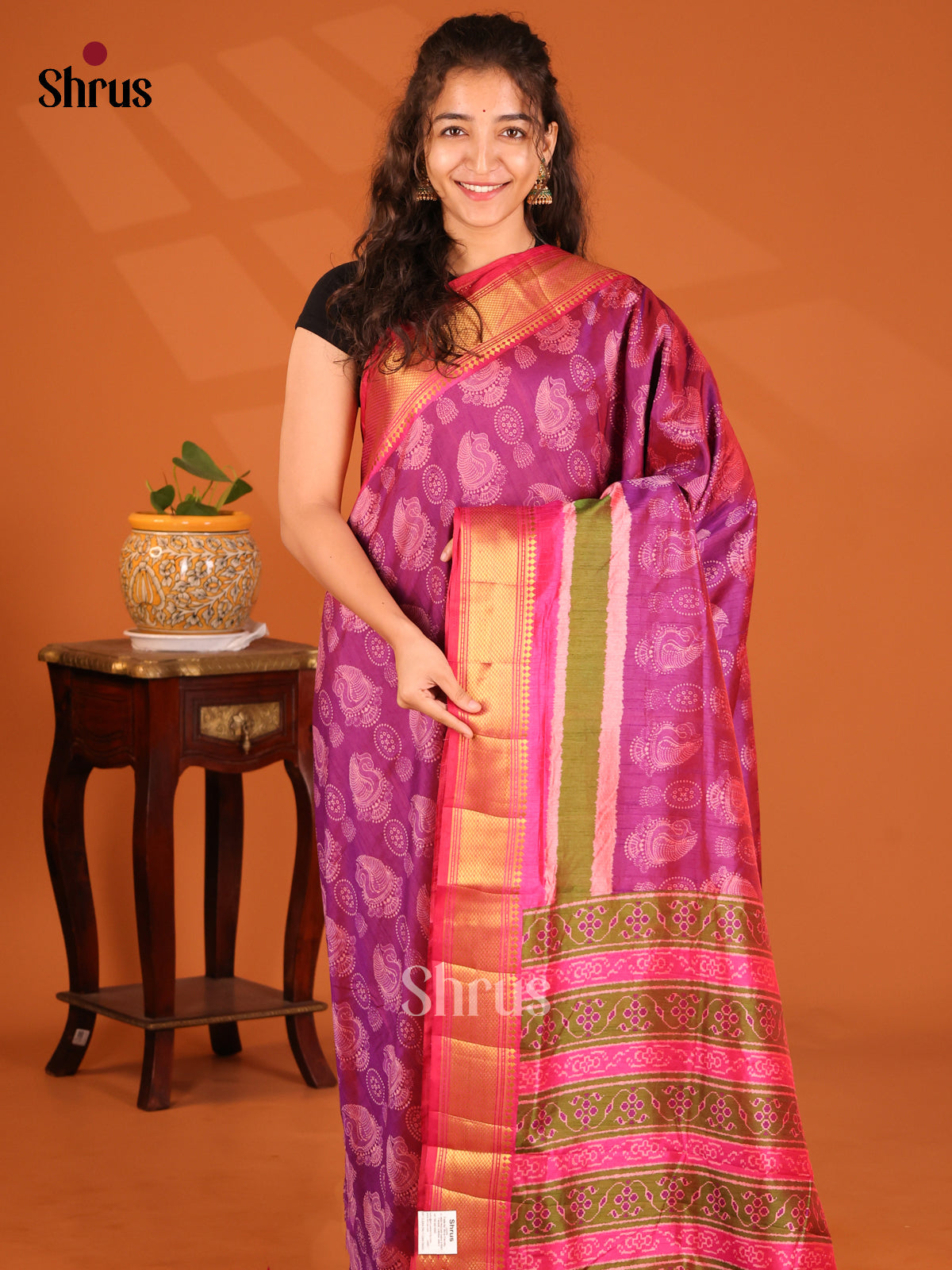 Purple with Pink- Semi Patola Saree - Shop on Shrus.com