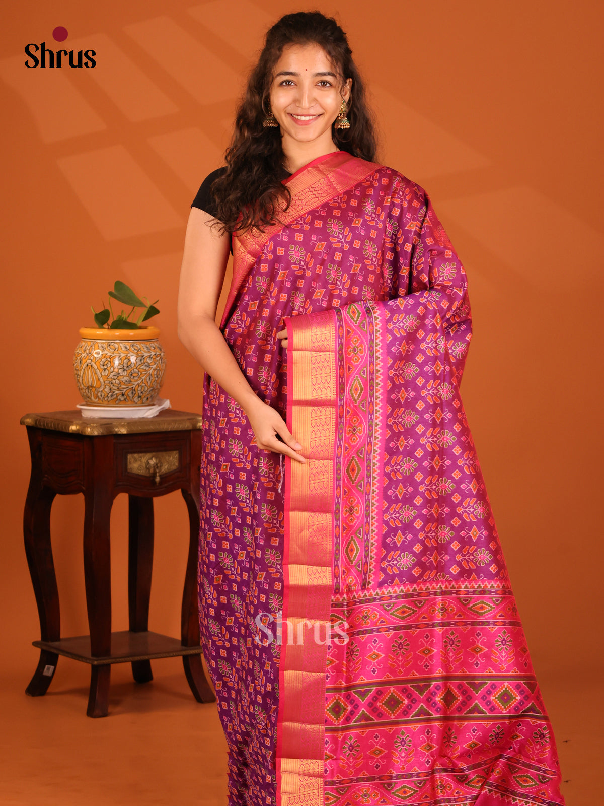 Purple with Pink- Semi Patola Saree - Shop on Shrus.com