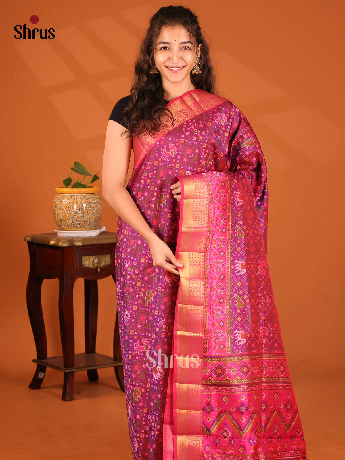 Purple with Pink- Semi Patola Saree - Shop on Shrus.com