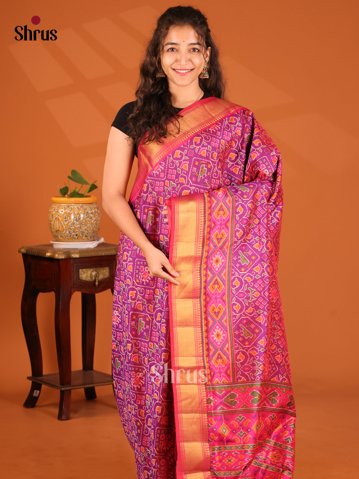 Purple with Pink- Semi Patola Saree - Shop on Shrus.com