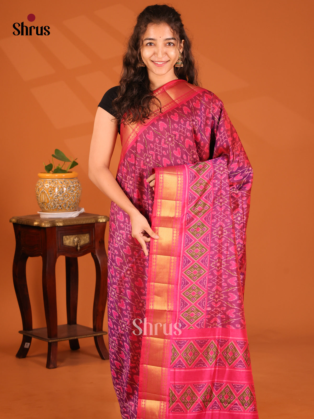 Purple with Pink- Semi Patola Saree - Shop on Shrus.com
