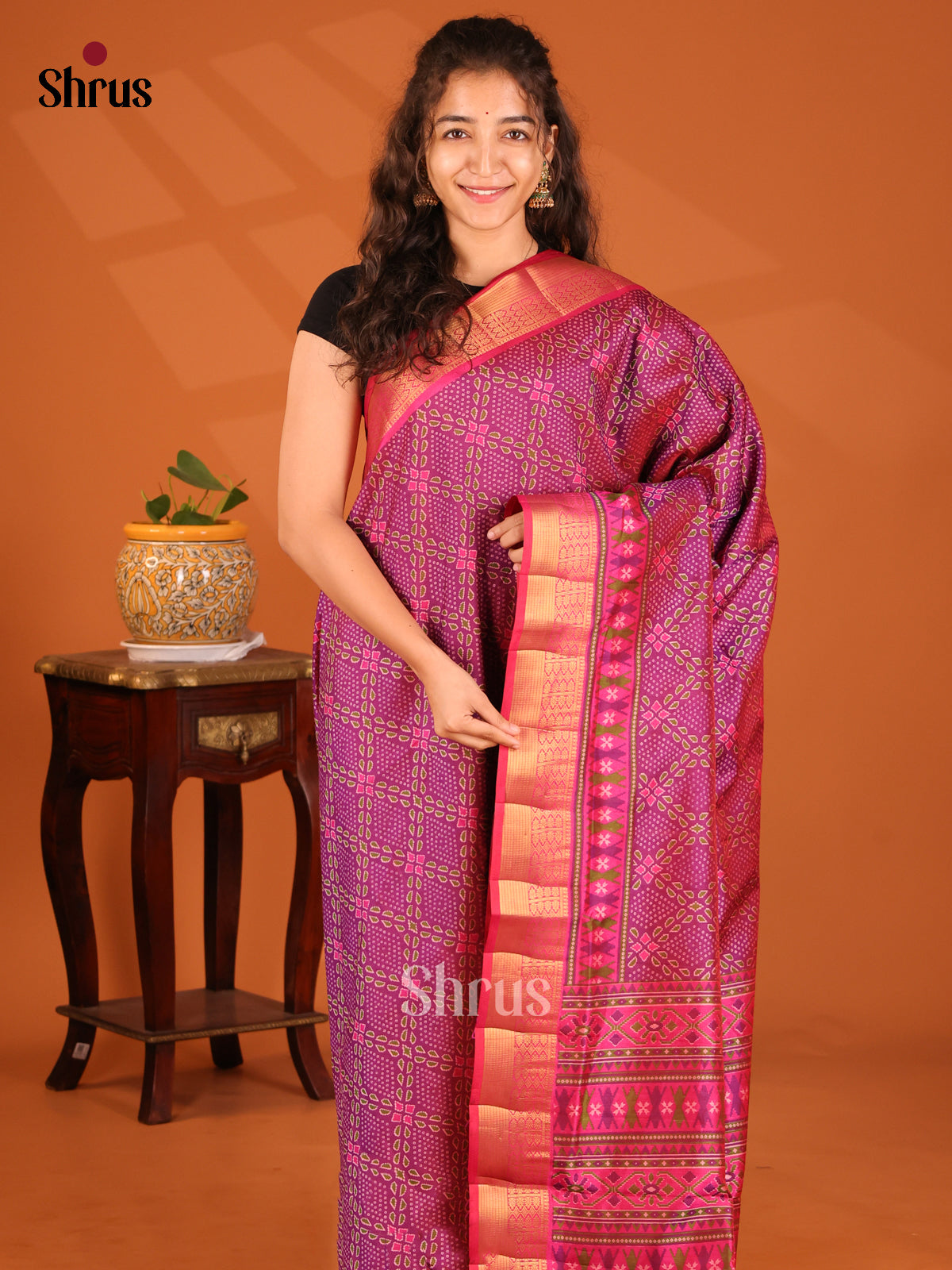 Purple with Pink- Semi Patola Saree - Shop on Shrus.com