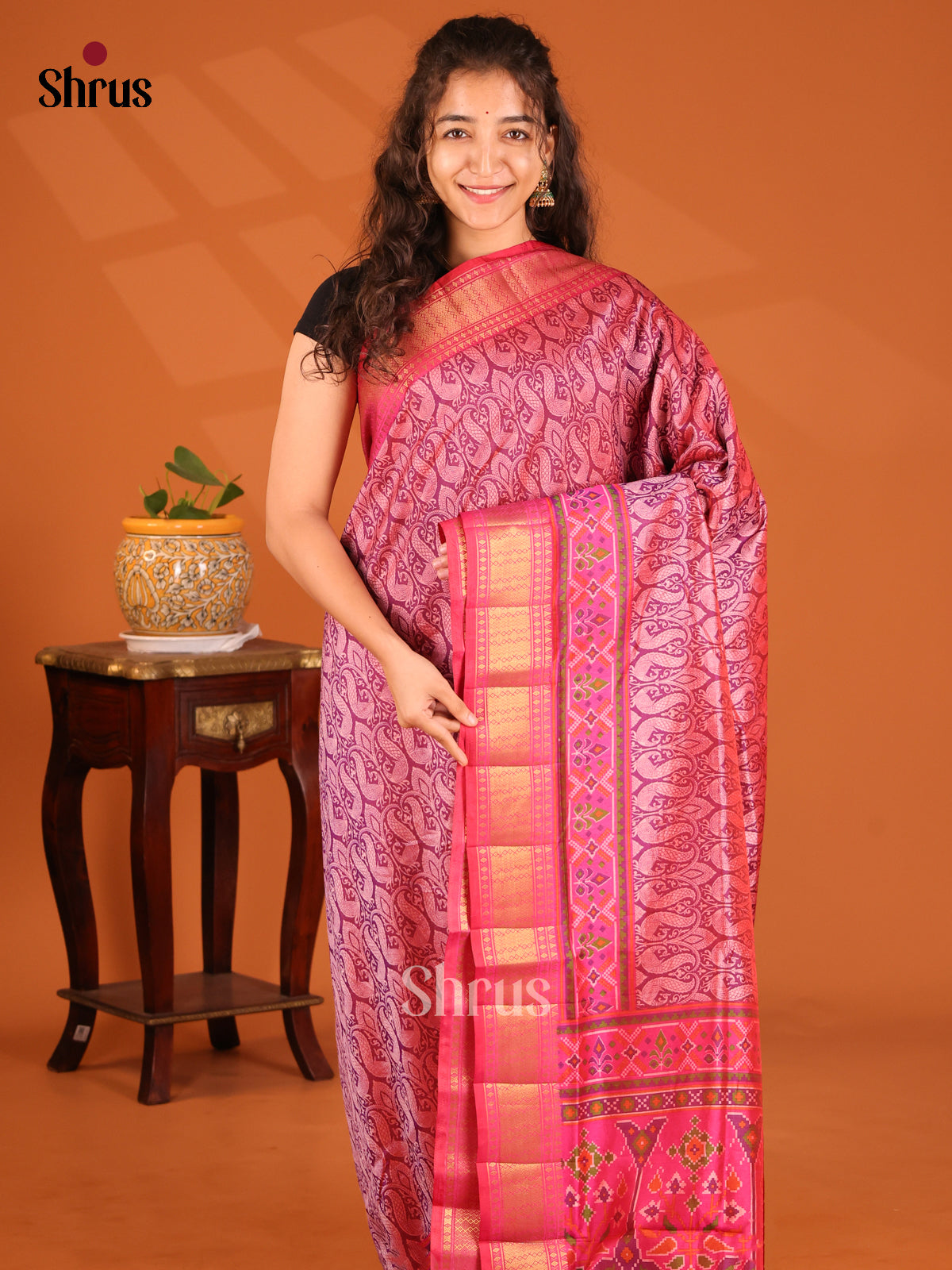 Purple with Pink - Semi Patola Saree - Shop on Shrus.com