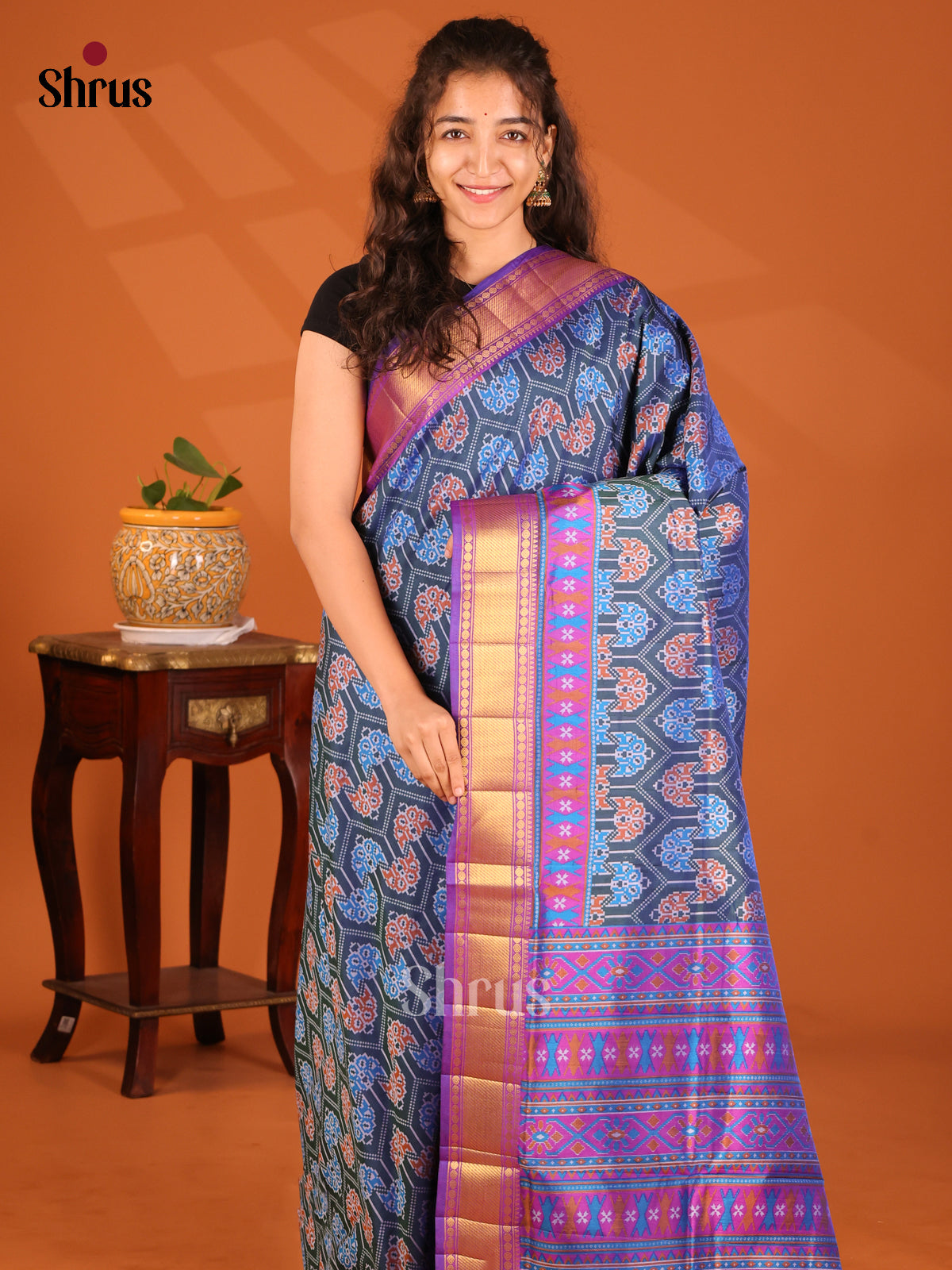 Blue with Purple- Semi Patola Saree - Shop on Shrus.com