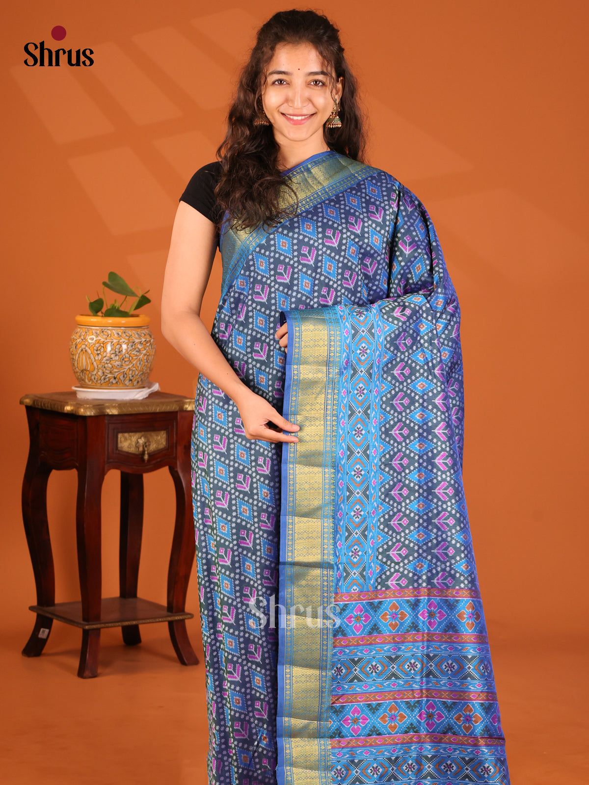 Blue- Semi Patola Saree - Shop on Shrus.com