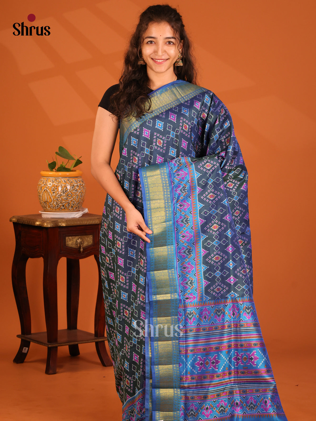 Dark Blue & Blue- Semi Patola Saree - Shop on Shrus.com