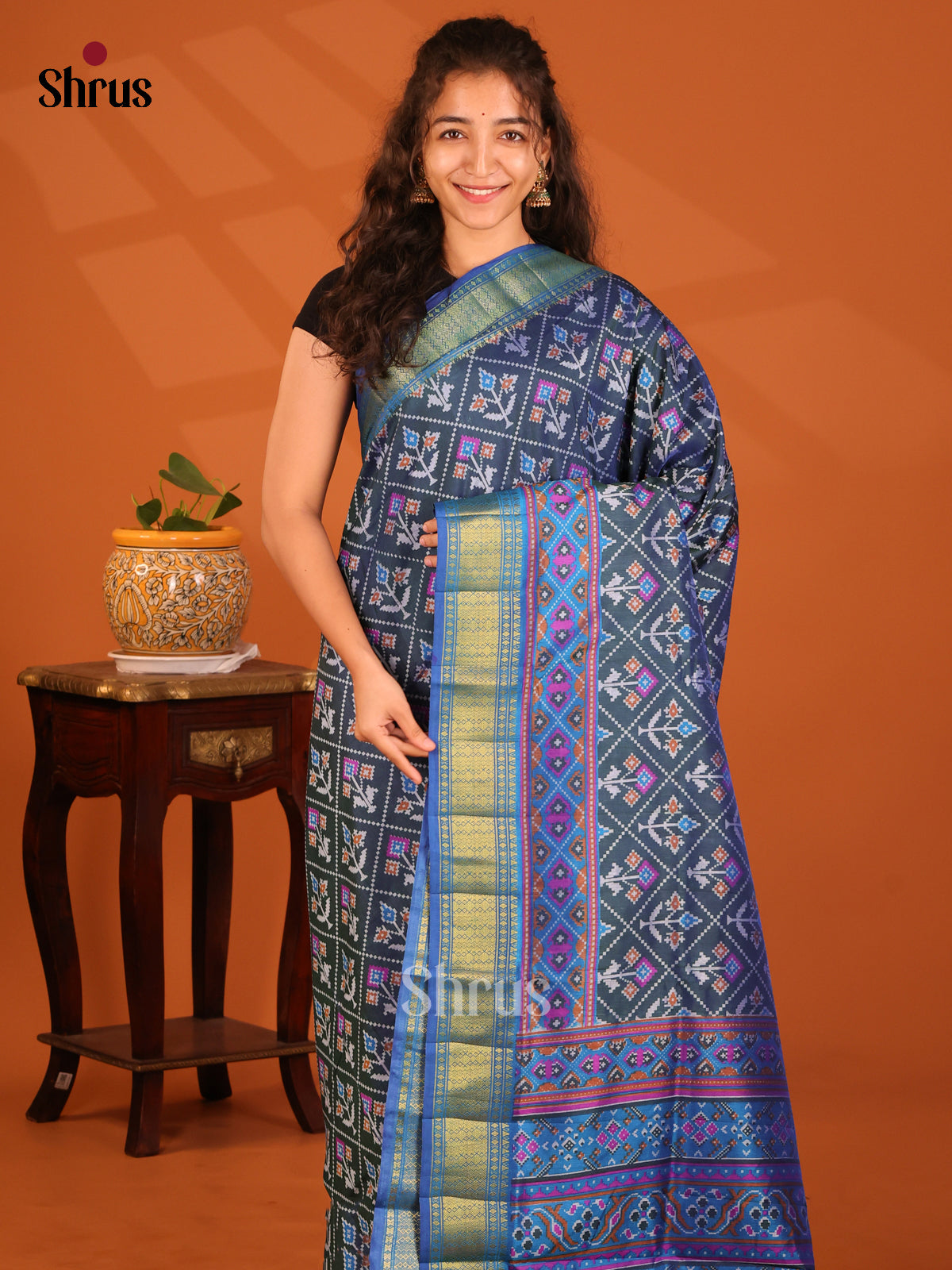 Dark Blue with Blue- Semi Patola Saree - Shop on Shrus.com