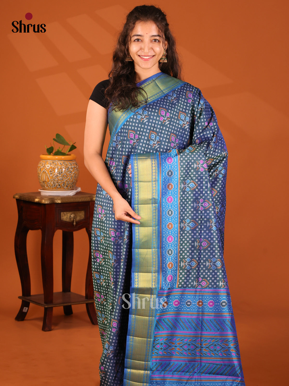 Dark Blue & Blue - Semi Patola Saree - Shop on Shrus.com