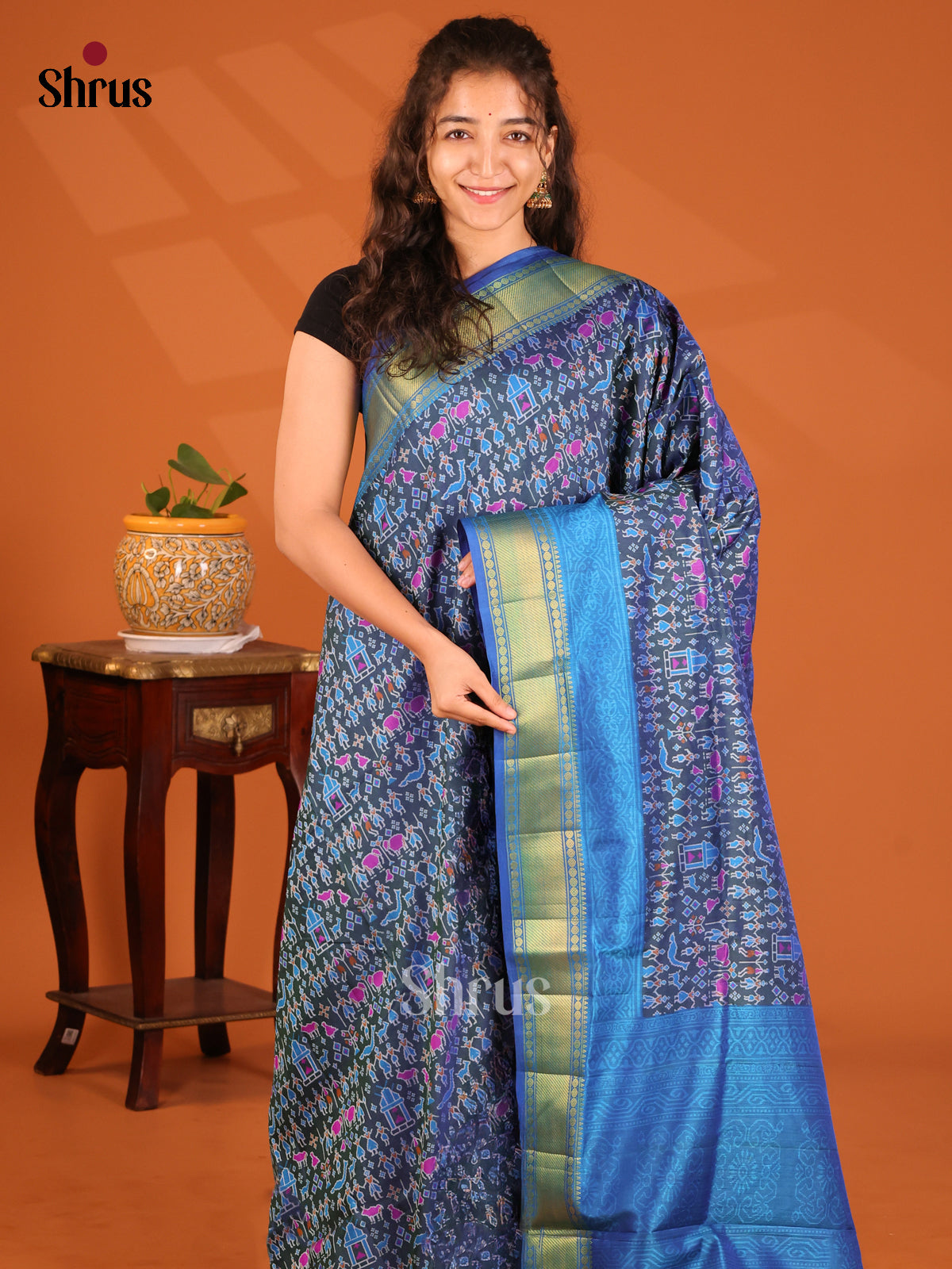 Dark Blue & Blue- Semi Patola Saree - Shop on Shrus.com