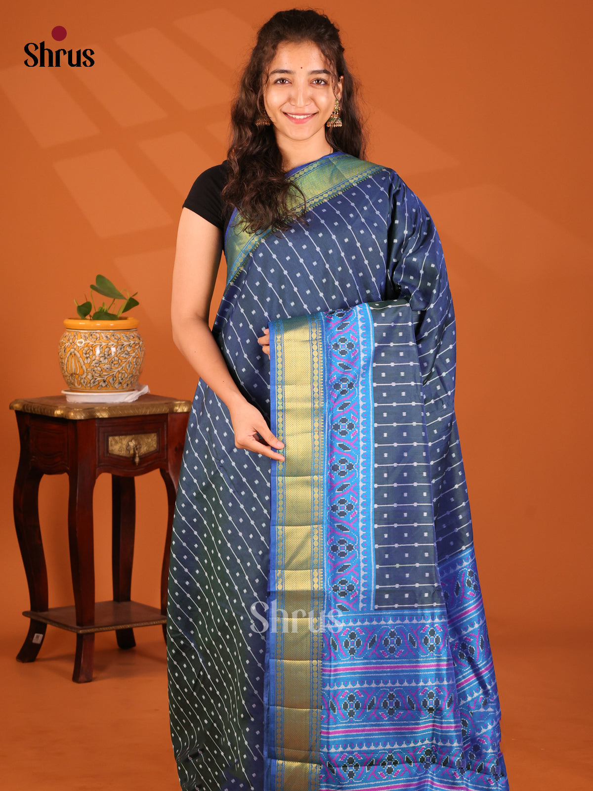Dark Blue & Blue- Semi Patola Saree - Shop on Shrus.com