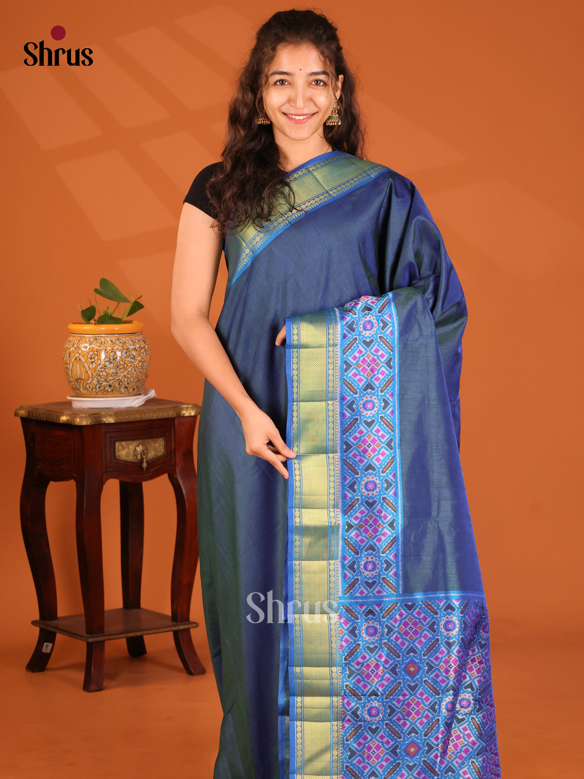 Midnight Blue with Blue- Semi Patola Saree - Shop on Shrus.com