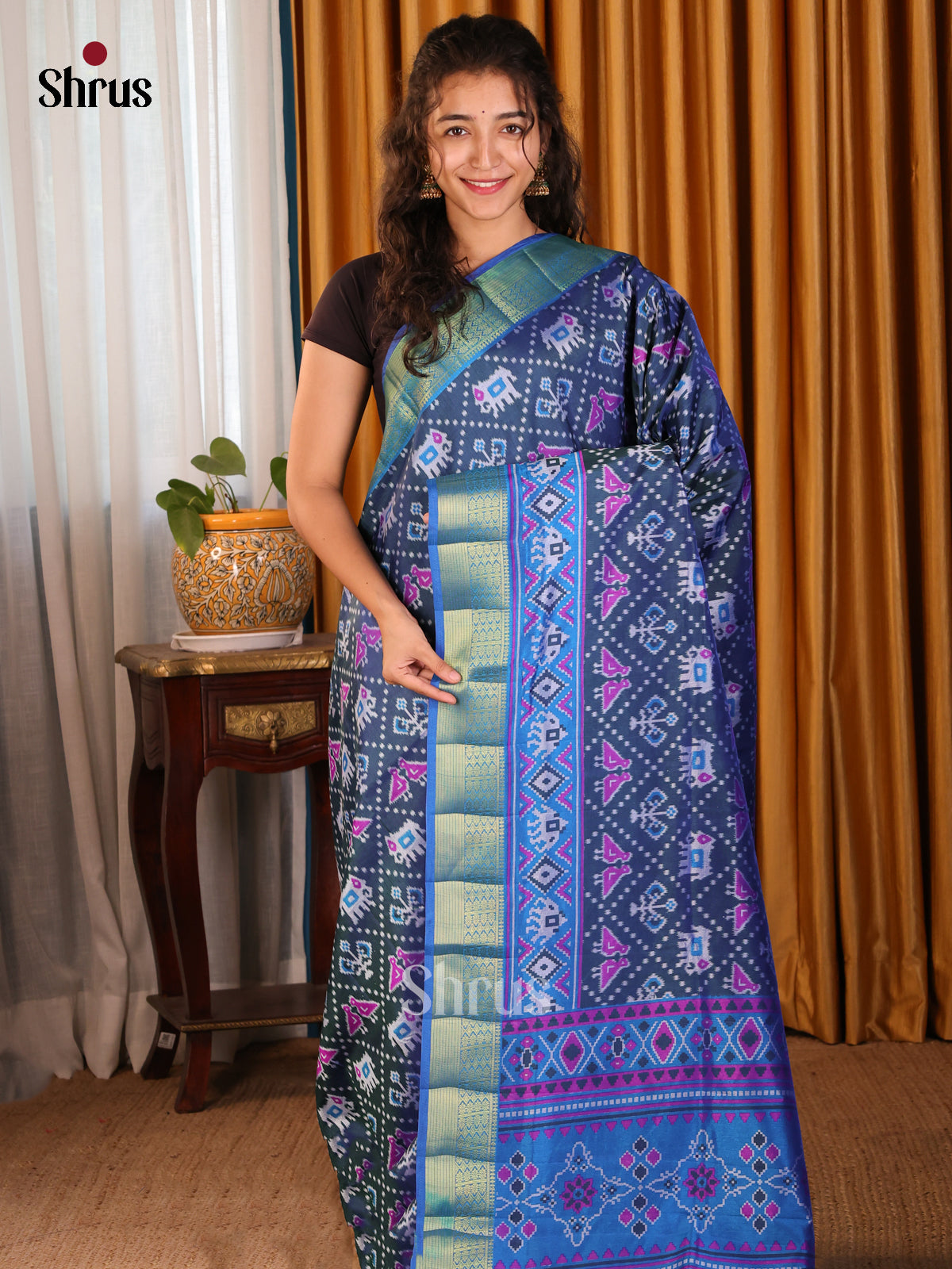Blue & Teal - Semi Patola Saree - Shop on Shrus.com